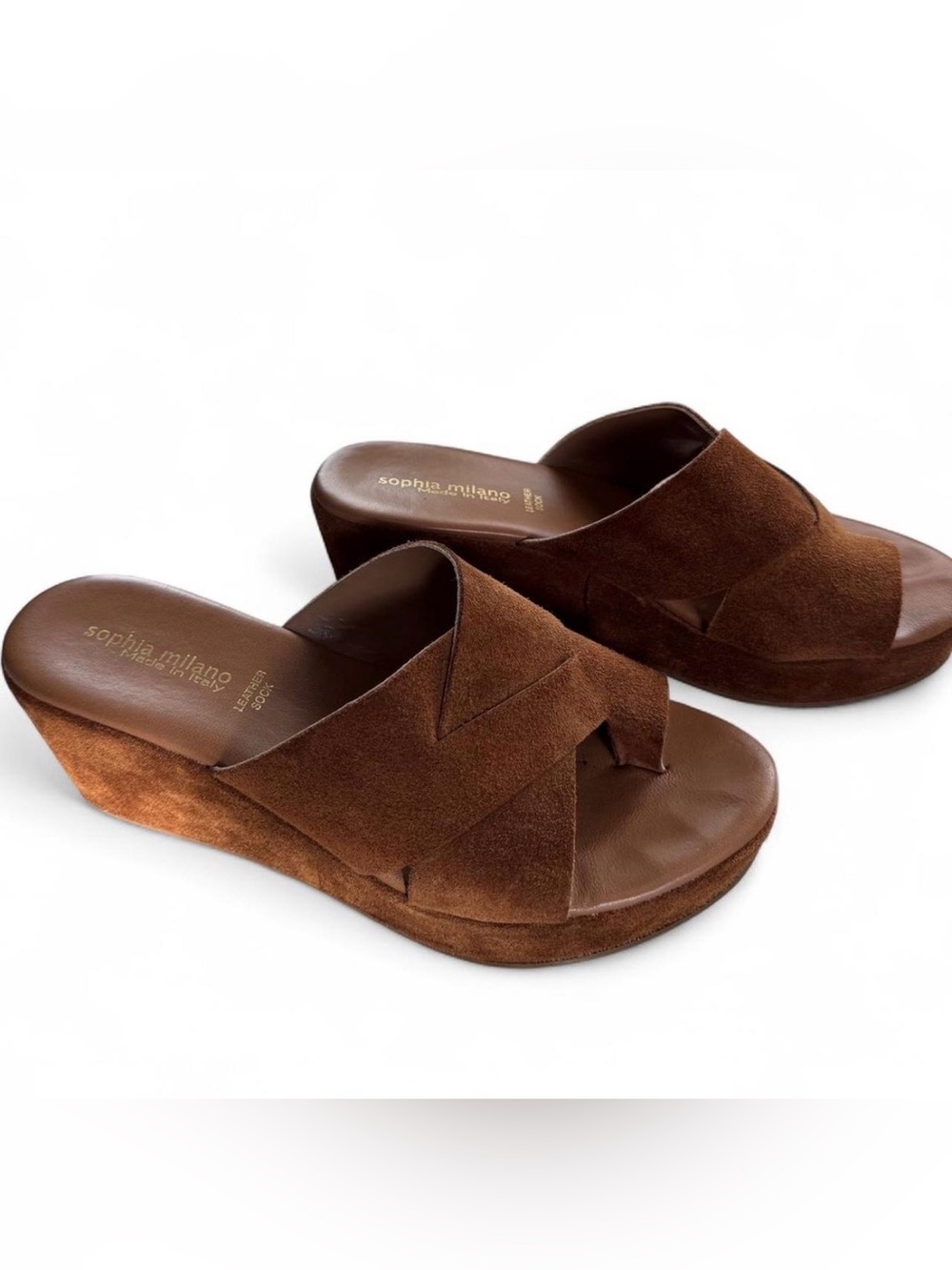 Sophia Milano Brown Suede Wedge Slide Sandals